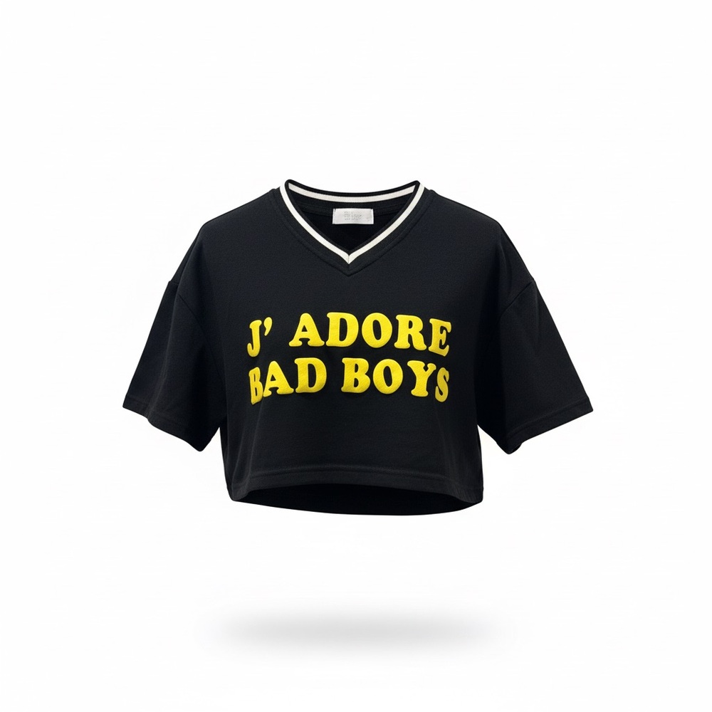 J' Adore Bad Boys Crop Short Sleeve Wmns L Sweatshirt Black/Yellow Sporty Retro‎
